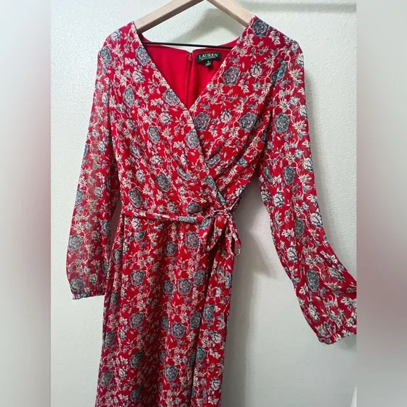 Lauren Ralph Lauren Puff-Sleeve Georgette Dress, Red/Blue Size 8