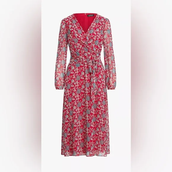 Lauren Ralph Lauren Puff-Sleeve Georgette Dress, Red/Blue Size 8