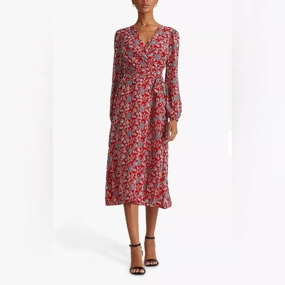 Lauren Ralph Lauren Puff-Sleeve Georgette Dress, Red/Blue Size 8