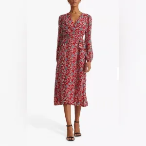 Lauren Ralph Lauren Puff-Sleeve Georgette Dress, Red/Blue Size 8