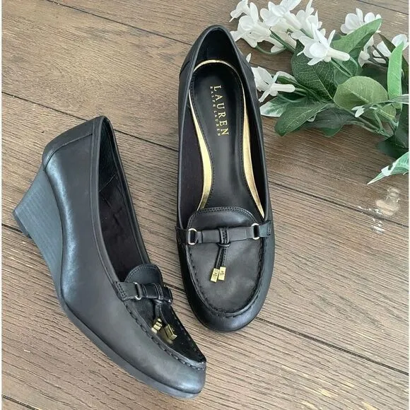 LAUREN Ralph Lauren Rory Black Leather Tassel Wedge Loafers Shoes size 9.5 B