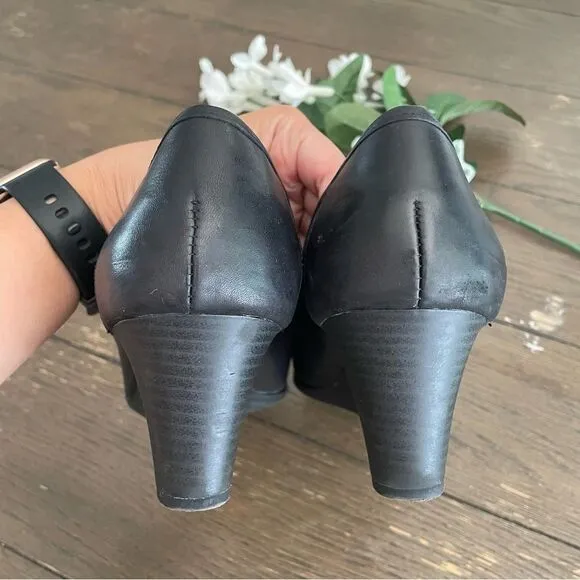 LAUREN Ralph Lauren Rory Black Leather Tassel Wedge Loafers Shoes size 9.5 B