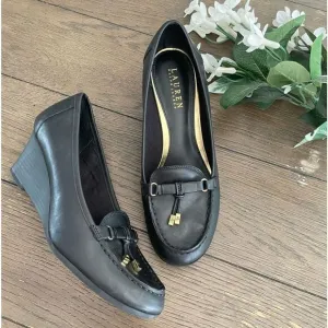 LAUREN Ralph Lauren Rory Black Leather Tassel Wedge Loafers Shoes size 9.5 B