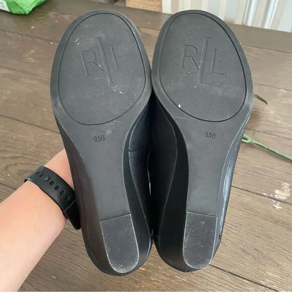 LAUREN Ralph Lauren Rory Black Leather Tassel Wedge Loafers Shoes size 9.5 B