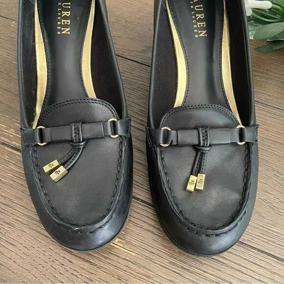 LAUREN Ralph Lauren Rory Black Leather Tassel Wedge Loafers Shoes size 9.5 B