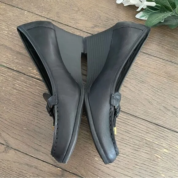LAUREN Ralph Lauren Rory Black Leather Tassel Wedge Loafers Shoes size 9.5 B