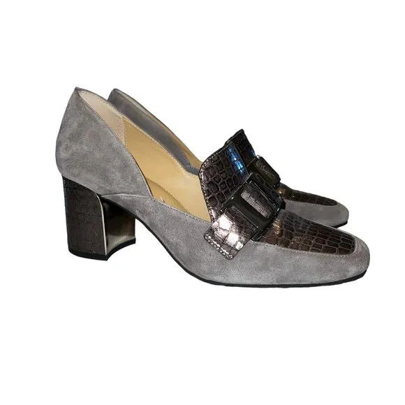 Like New DONALD J. PLINER Caresse Gray Taupe Suede Pump Buckle Loafers S…