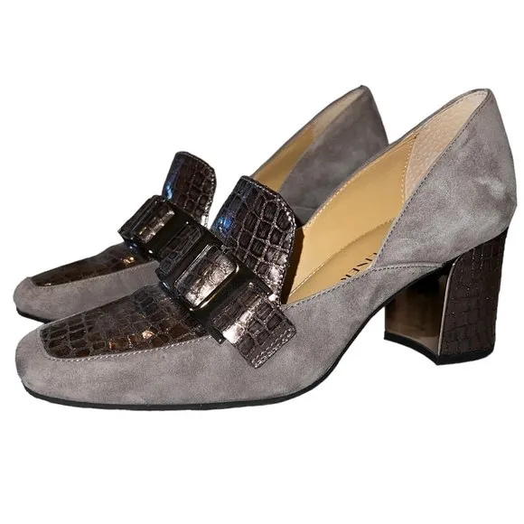 Like New DONALD J. PLINER Caresse Gray Taupe Suede Pump Buckle Loafers S…