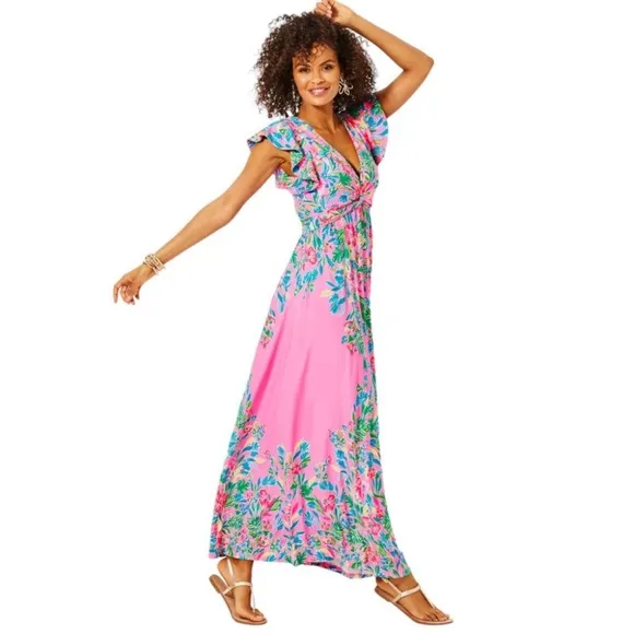 Lilly Pulitzer Verona Flutter Sleeve Maxi Dress in Havana Pink NWOT Size 00