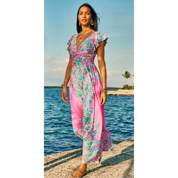 Lilly Pulitzer Verona Flutter Sleeve Maxi Dress in Havana Pink NWT - Size 0