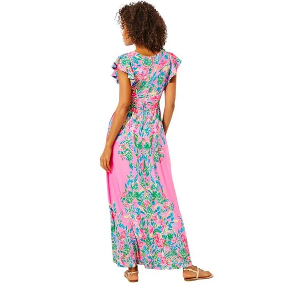 Lilly Pulitzer Verona Flutter Sleeve Maxi Dress in Havana Pink NWT - Size 0