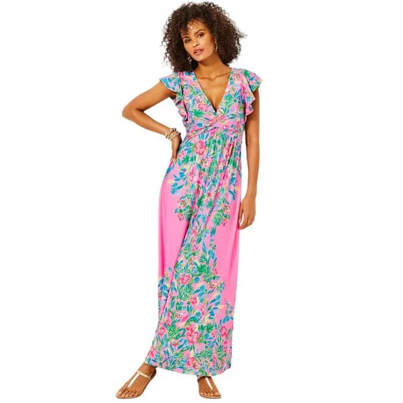 Lilly Pulitzer Verona Flutter Sleeve Maxi Dress in Havana Pink NWT - Size 0