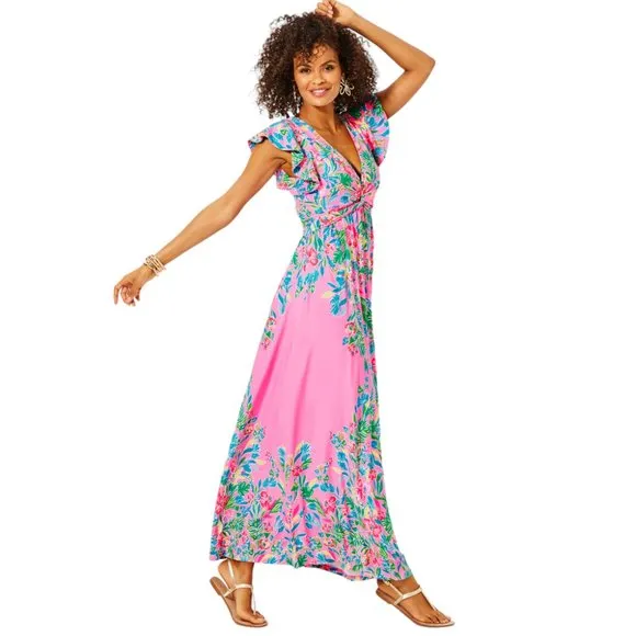 Lilly Pulitzer Verona Flutter Sleeve Maxi Dress in Havana Pink NWT - Size 0