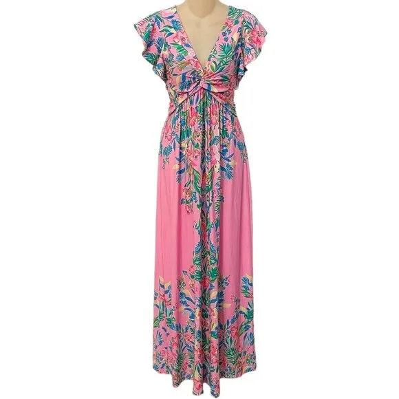 Lilly Pulitzer Verona Flutter Sleeve Maxi Dress in Havana Pink NWT - Size 0