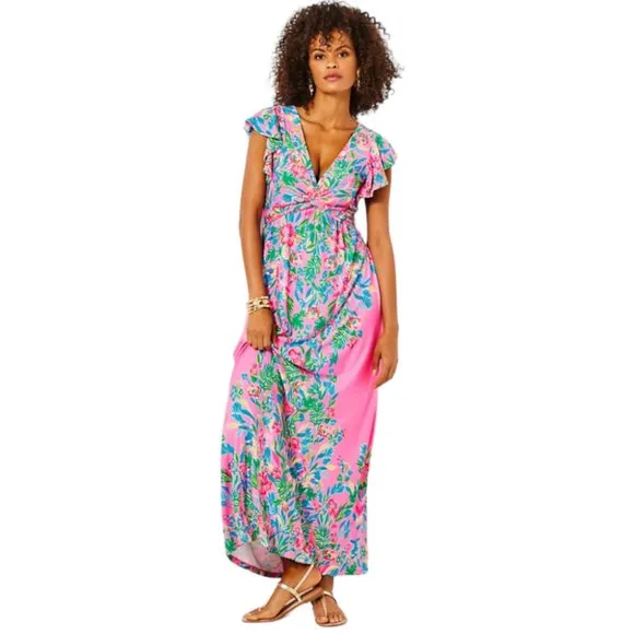 Lilly Pulitzer Verona Flutter Sleeve Maxi Dress in Havana Pink NWT - Size 2
