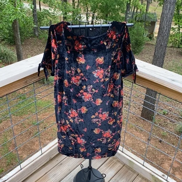 Loft Asian Inspired Floral Velvety Shift Dress Loose Fit Soft Above Knee Large