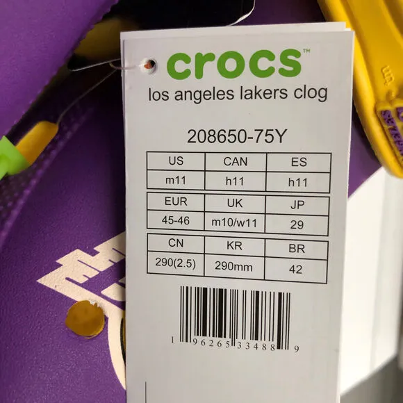 Los Angeles Lakers Crocs Clog Mens 11 Purple Yellow Slides Comfort Sandals NBA