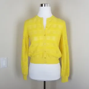 M MISSONI Yellow Crew Neck Windowpane Knit Lightweight Cardigan