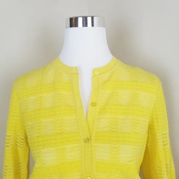 M MISSONI Yellow Crew Neck Windowpane Knit Lightweight Cardigan