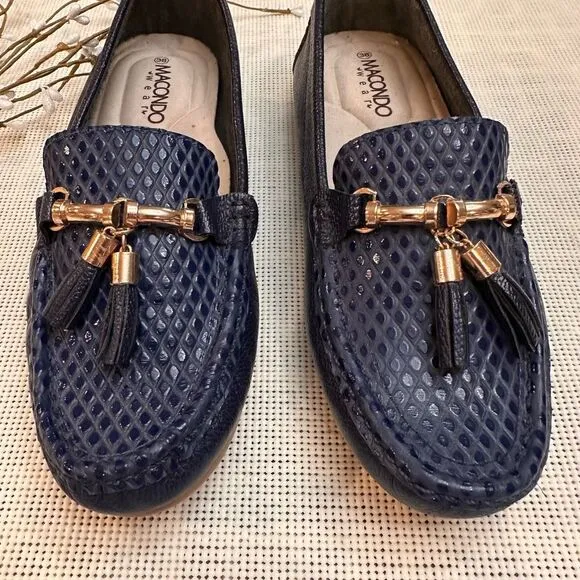 Macondo Wear Amaranta Driver Blue Leather Loafers Python Embossed sz 38/ 7.5-8