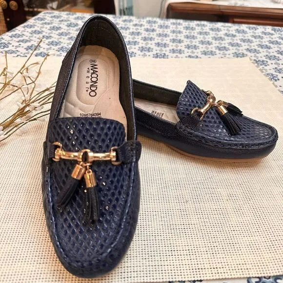 Macondo Wear Amaranta Driver Blue Leather Loafers Python Embossed sz 38/ 7.5-8