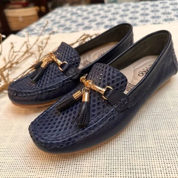 Macondo Wear Amaranta Driver Blue Leather Loafers Python Embossed sz 38/ 7.5-8