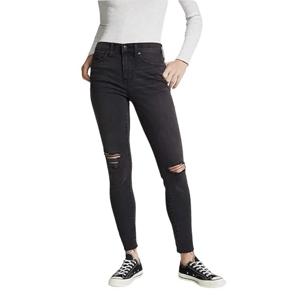 Madewell 9” High Rise Skinny Black Distressed Busted Knee Raw Hem Denim Jeans