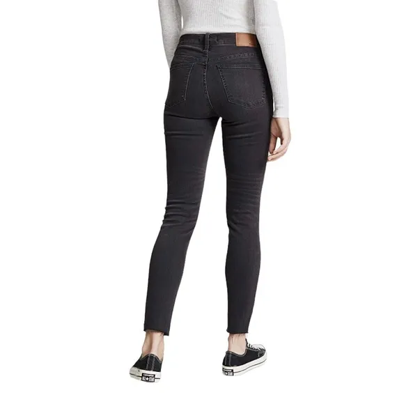 Madewell 9” High Rise Skinny Black Distressed Busted Knee Raw Hem Denim Jeans