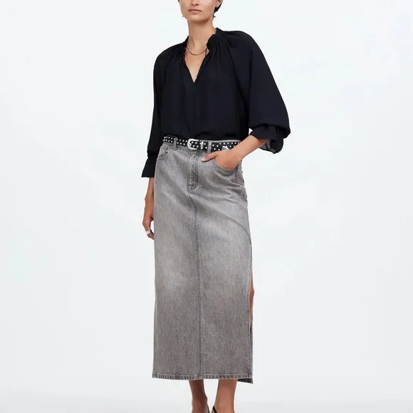 Madewell Gray Denim Maxi Skirt Size 24 High-Waisted Buttoned NWT
