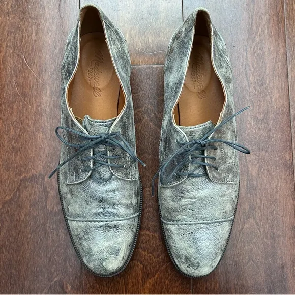 Madewell Serge Distressed Silver Leather Lace Up Flats, Leather Lining, Size 7.5