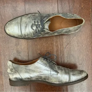 Madewell Serge Distressed Silver Leather Lace Up Flats, Leather Lining, Size 7.5