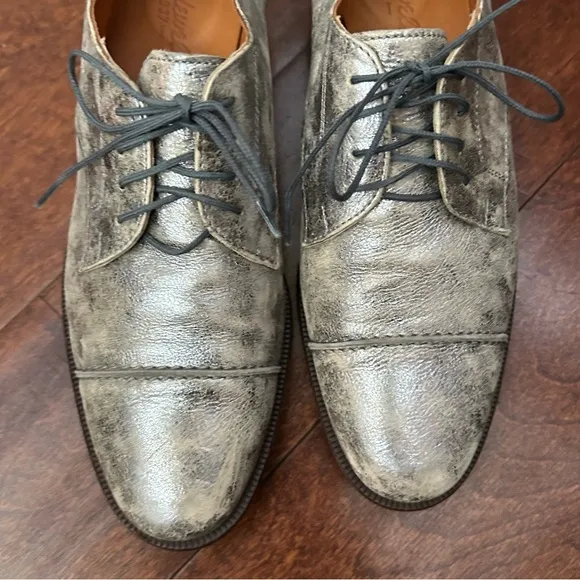 Madewell Serge Distressed Silver Leather Lace Up Flats, Leather Lining, Size 7.5