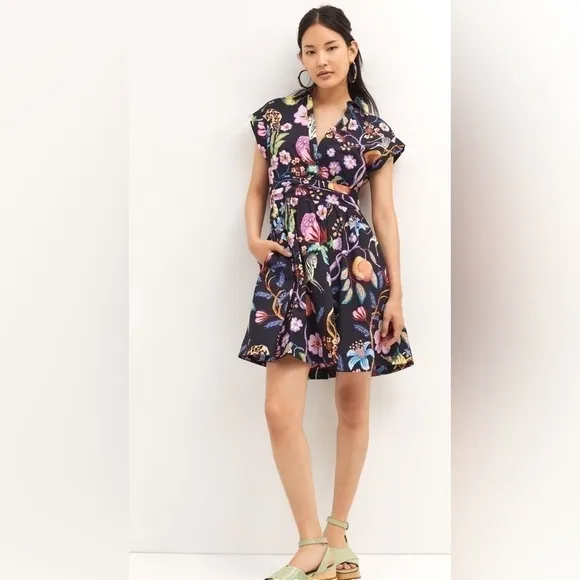 MAEVE ANTHROPOLOGIE Floral Mini Dress in Black Motif Floral Exotic Size 00P NWT