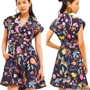MAEVE ANTHROPOLOGIE Floral Mini Dress in Black Motif Floral Exotic Size 00P NWT