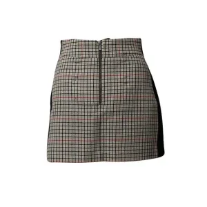 Maje Check Mini Skirt with Black Side Seam Panel in Beige Cotton