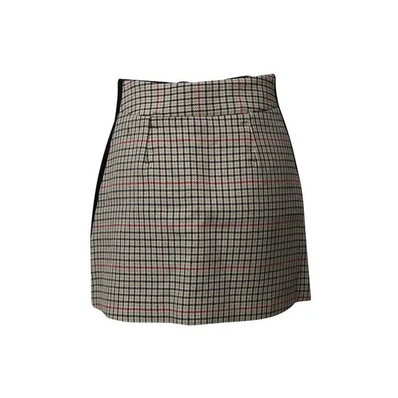 Maje Check Mini Skirt with Black Side Seam Panel in Beige Cotton