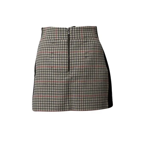 Maje Check Mini Skirt with Black Side Seam Panel in Beige Cotton
