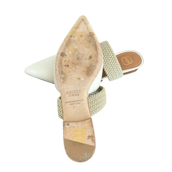 Malone Souliers Maisie Mules Cream Leather Flats Elastic Strap Made in Italy