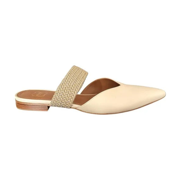 Malone Souliers Maisie Mules Cream Leather Flats Elastic Strap Made in Italy