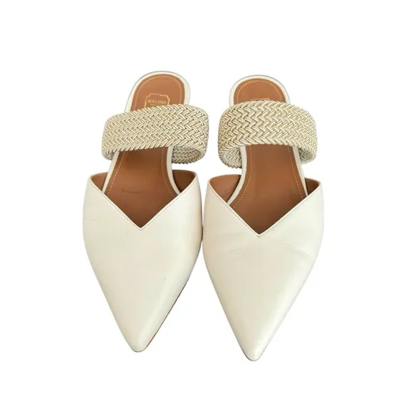 Malone Souliers Maisie Mules Cream Leather Flats Elastic Strap Made in Italy