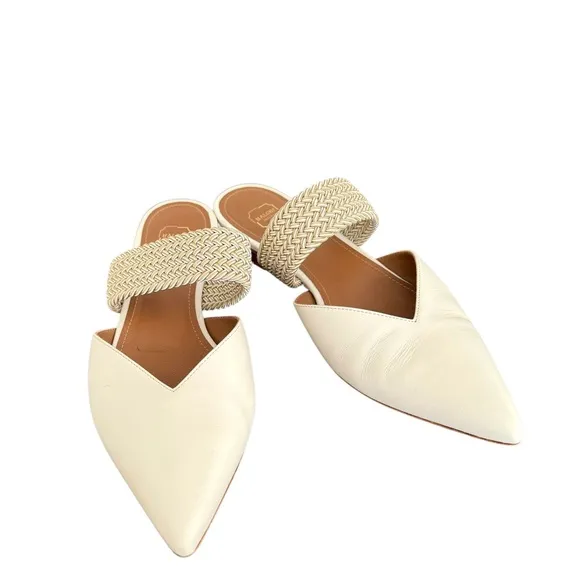 Malone Souliers Maisie Mules Cream Leather Flats Elastic Strap Made in Italy
