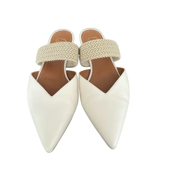 Malone Souliers Maisie Mules Cream Leather Flats Elastic Strap Made in Italy