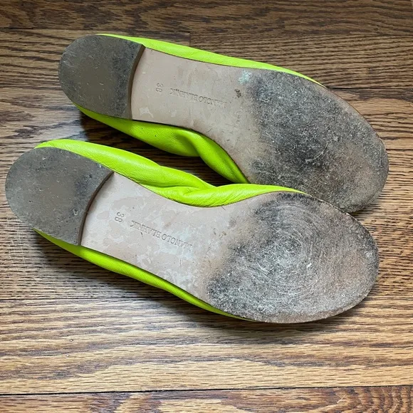 Manolo Blahnik Neon Green Tobaly Leather Ballet Flats