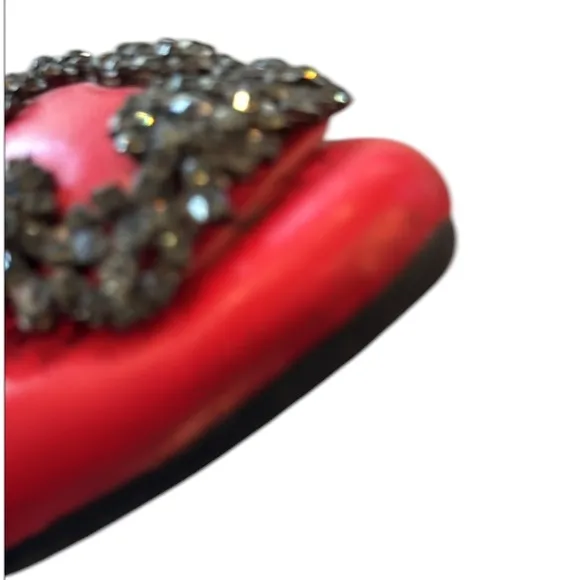 Manolo Blahnik Red Leather Crystal Embellished Vamp Ballet Flats Size 8