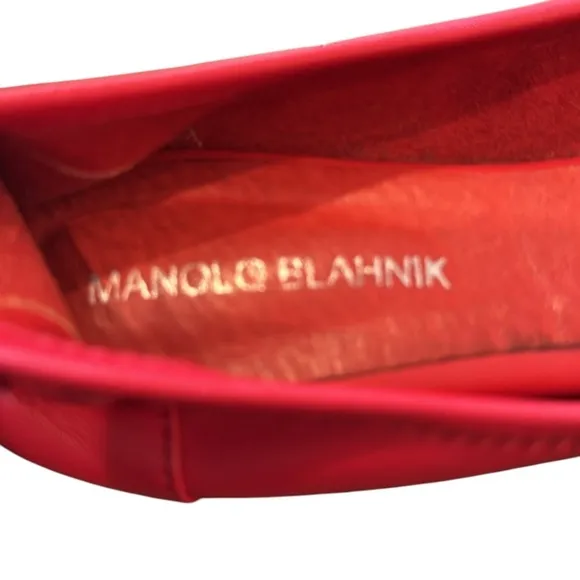 Manolo Blahnik Red Leather Crystal Embellished Vamp Ballet Flats Size 8