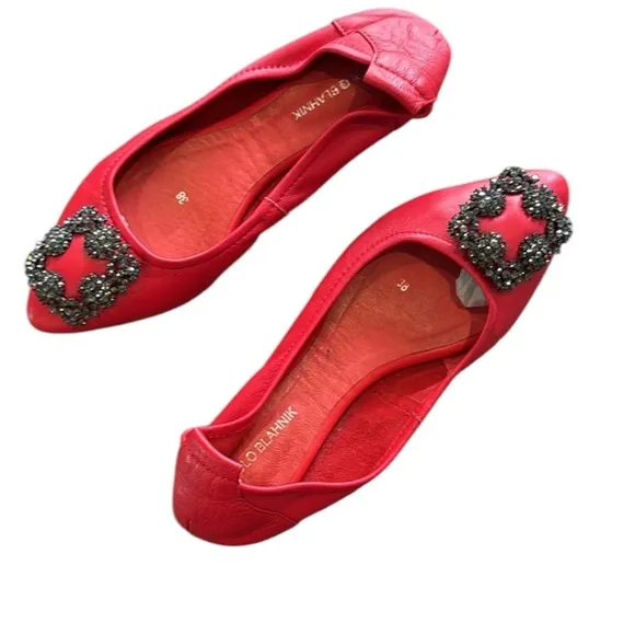 Manolo Blahnik Red Leather Crystal Embellished Vamp Ballet Flats Size 8