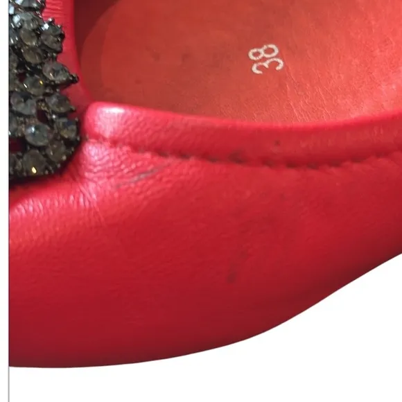 Manolo Blahnik Red Leather Crystal Embellished Vamp Ballet Flats Size 8