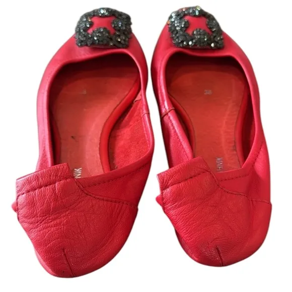 Manolo Blahnik Red Leather Crystal Embellished Vamp Ballet Flats Size 8