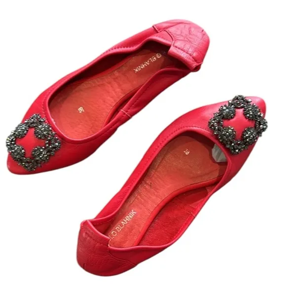 Manolo Blahnik Red Leather Crystal Embellished Vamp Ballet Flats Size 8