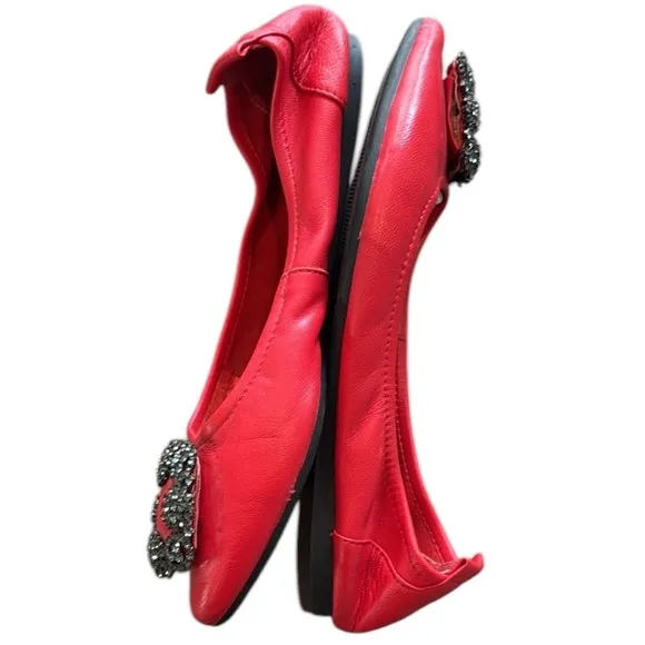 Manolo Blahnik Red Leather Crystal Embellished Vamp Ballet Flats Size 8